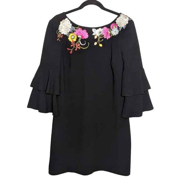 Trina Turk Leona embroidered V-back Sheath‎ black Tiered ruffled sleeves dress 8 - Picture 1 of 10